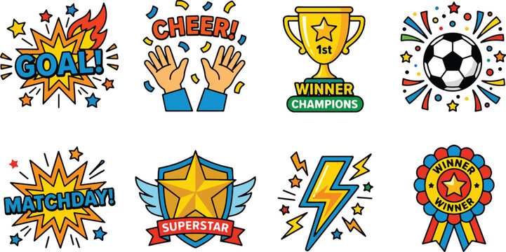 Set of energetic football icons celebrating matchday, goal, cheer, winners, superstar players, and lightning bolt energy for fans and teams.