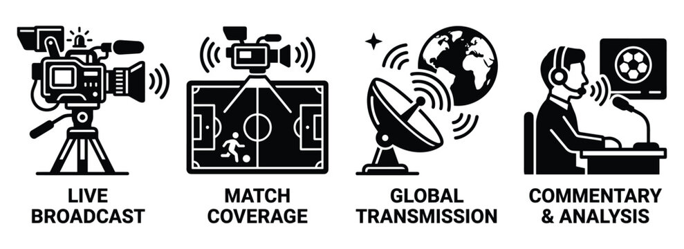 Football world cup live broadcast match coverage global transmission commentary vector illustration.