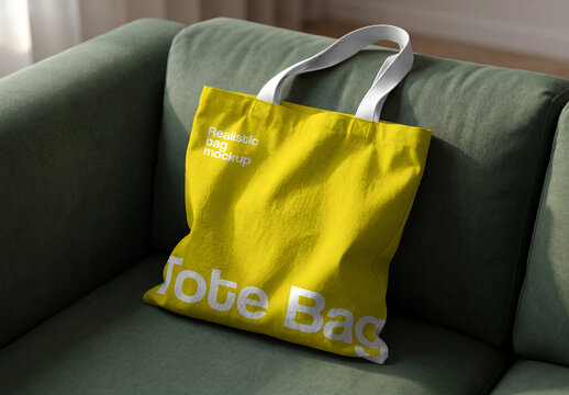 Tote Bag Mockup on Living Room Sofa