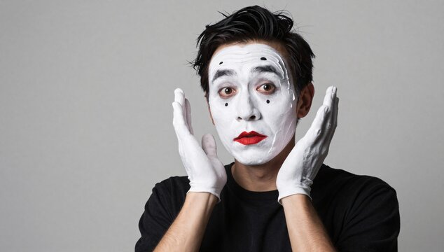 Astonished mime artist with white face paint and red lips expressing himself theatrically