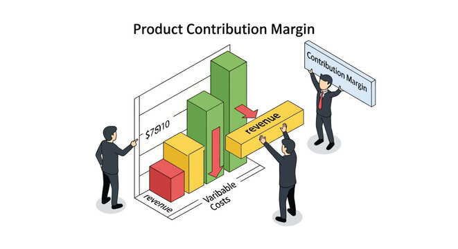 Business professionals analyzing product contribution margin chart.