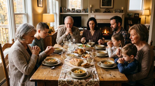 Warmly lit dining table with soup, bread, and family gathered in quiet reflection, cozy interior symbolizes togetherness, gratitude, tradition, and harmony around shared meals.