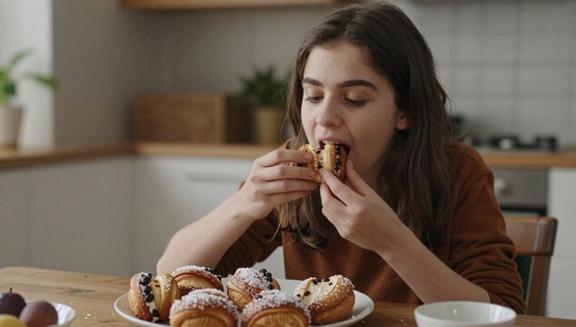Young woman enjoys a sweet bun while sitting at a table in the kitchen