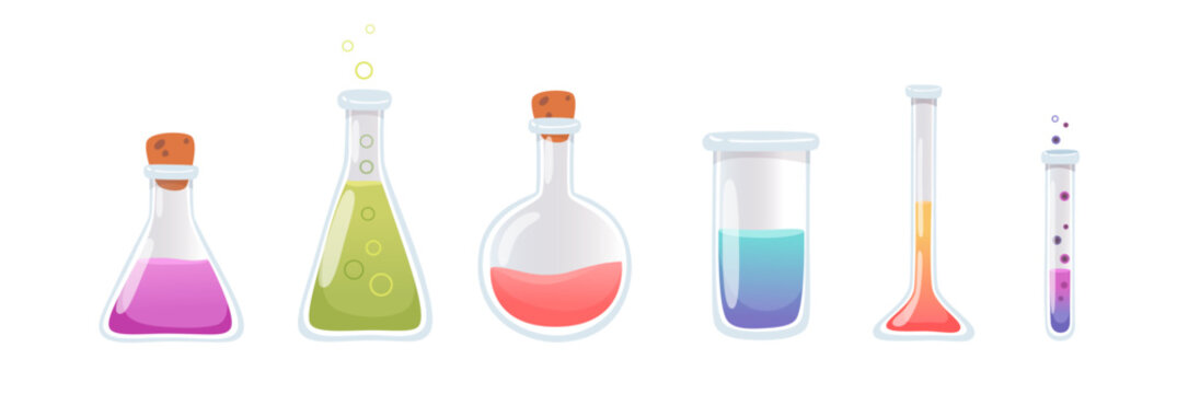 Chemistry lab tubes. Chemistry lab equipment with test tubes and flasks filled with colorful liquids. 3D scientific glassware cartoon vector illustration for laboratory research and experiments.
