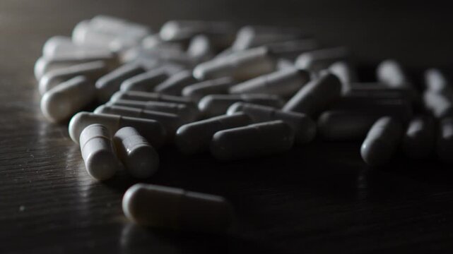 white capsules with a medical substance scattered on a wooden table