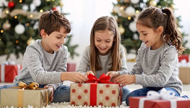 Excited children unwrap presents on christmas morning near a decorated christmas tree