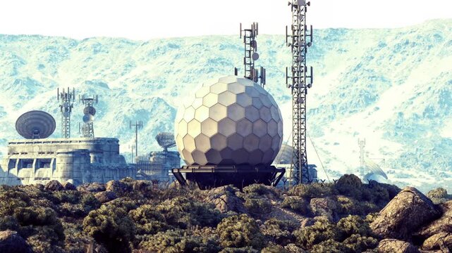 sunrise communication relay with domes and towers on ridge, warm directional light highlights geodesic texture and antennas scene evokes earlymorning