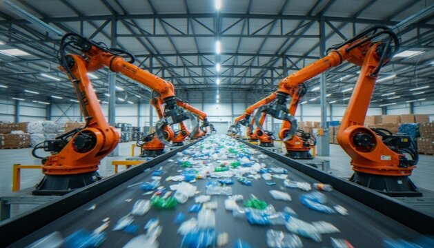 Industrial robotic arms automated in a modern recycling facility sorting plastic waste on a conveyor belt.