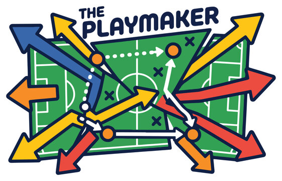 Creative playmaker football strategy illustration with colorful tactical arrows and soccer field diagram graphic art.