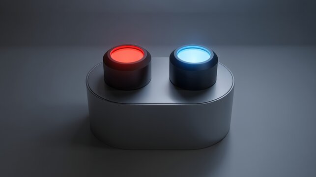 Minimalist choice concept background with two glowing red and blue switches