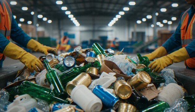 Workers in safety gear sort mixed recyclable materials such as plastic bottles, metal cans, and glass containers on a conveyor belt at a waste recycling facility.