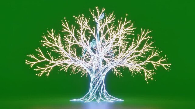 Neon digital tree growth animation: glowing geometric wireframe nature concept on green screen