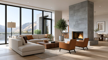 Fototapeta premium modern architectural masterpiece interior with expansive glazing and sophisticated residential styling