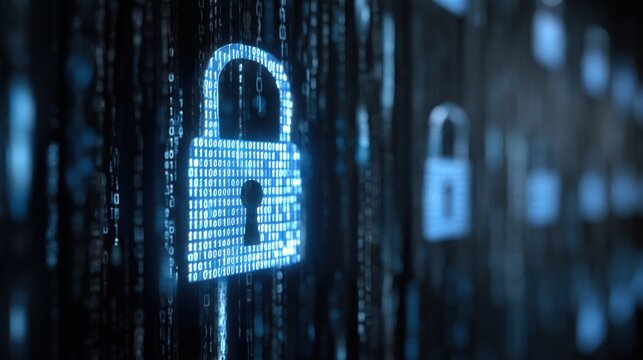 Glowing digital padlock composed of binary code illuminates a dark background suggesting data protection.