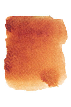 Warm watercolor swatch, orange and brown with granulation on paper, isolated