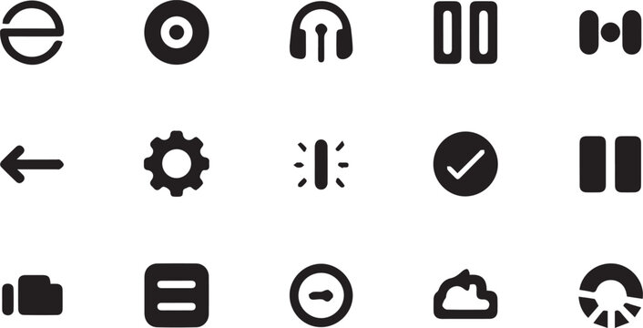 Solid media player and interface control symbols set. Digital audio icons, playback controls, system settings and navigation elements.