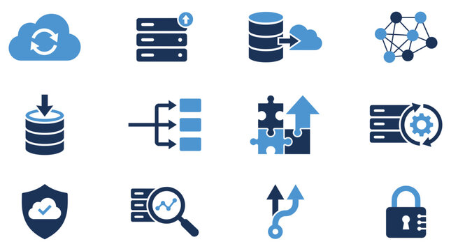 Cloud computing and data analytics icons representing data storage, security, management, and networking solutions for digital business operations and information technology infrastructure