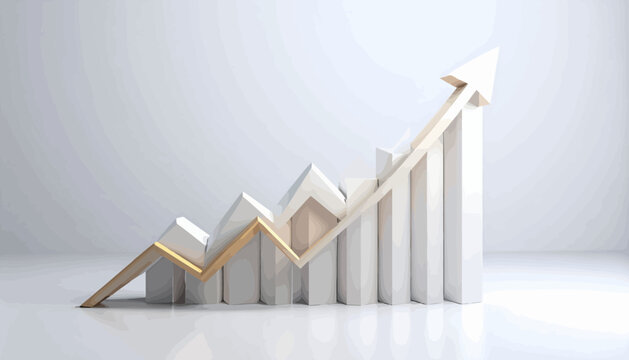 A rising gold arrow graph climbs upward on white columns in a clean room.