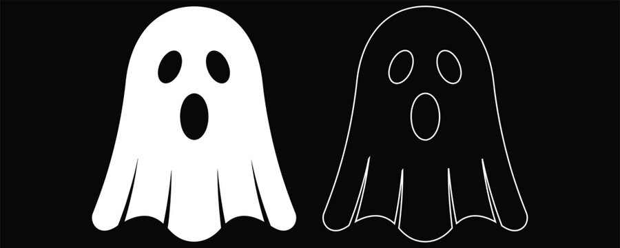 Two white ghost silhouettes with different expressions on a black background for halloween themed designs