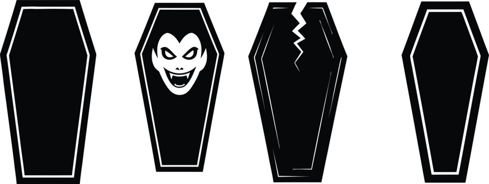 Black halloween coffin silhouettes with vampire face and broken shape on a white background