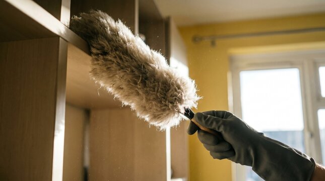 Hand in glove using feather duster to clean wooden cabinet in sunlit room.