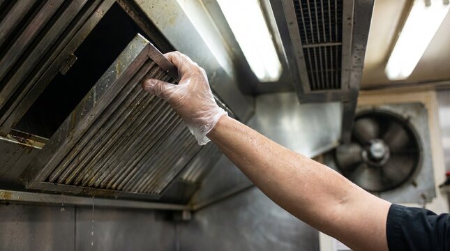 Maintenance worker removing a greasy commercial kitchen exhaust hood filter for cleaning.