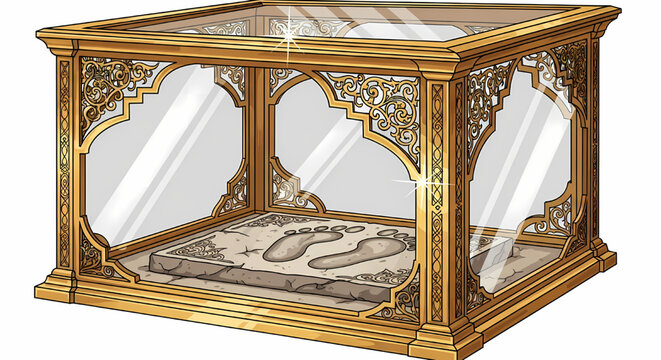 Illustration of the Maqam Ibrahim stone in a decorative golden display case