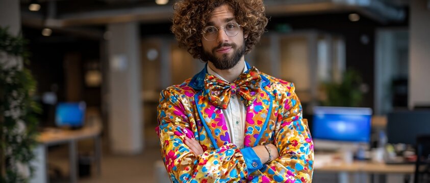 A creative man in a bright jacket stands in the office, providing an extravagant backdrop for articles on unconventional thinking and start-ups.