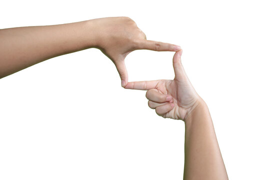 Woman hands making a cool frame . Isolated on a white background.