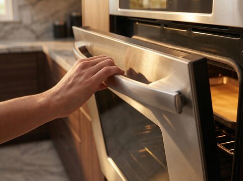 Person opening modern stainless steel oven door in kitchen.