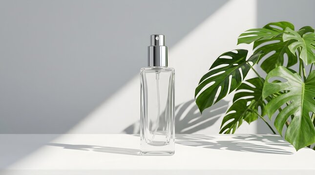 Clear glass perfume bottle with silver spray nozzle on white table with monstera leaf