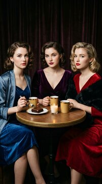 Three elegant women in vintage style dresses sitting at a cafe table with coffee and dessert against a dark curtain background.