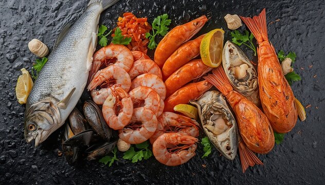 Fresh seafood assortment with shrimp, fish, and mussels on a black surface, garnished with lemon and herbs