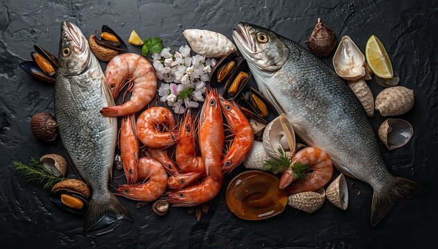 Fresh seafood assortment with shrimp, fish, and mussels on a black surface