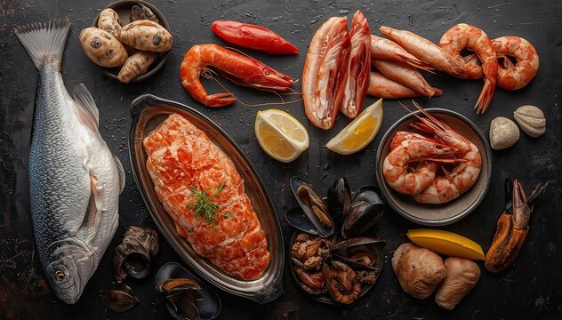Fresh seafood assortment with fish and shrimp on a dark table