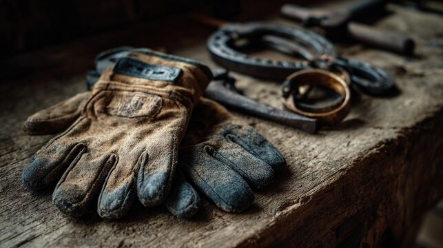 blacksmithing. A pair of sturdy work gloves beside polished horseshoes and tools on a wooden workbench, soft light. safety posters.