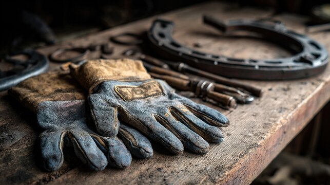 blacksmithing. A pair of sturdy work gloves beside polished horseshoes and tools on a wooden workbench, soft light. safety posters.