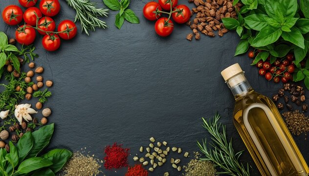 Fresh vegetables and herbs on a black slate background for cooking or recipe design
