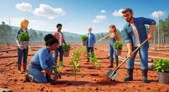 Group of volunteers planting trees in a field