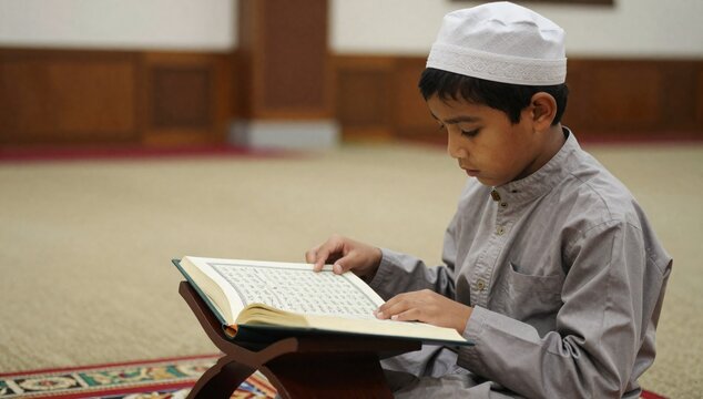 Young muslim boy reading the quran in a mosque for religious study and spiritual growth
