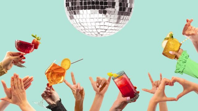 Disco cocktails and hand gestures on mint background party collage. Concept of stop motion nightlife ad, cocktail menu, party poster, social media and event promo.