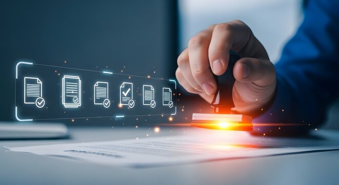Business professional digitally approving documents with virtual stamp technology in modern office setting