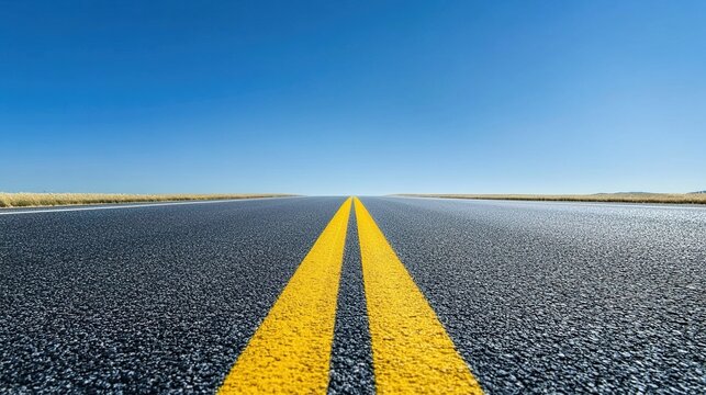 retroreflective. A wide highway with a prominent yellow double solid line extending to the horizon. mobility guides, transit brochures, designed for transport & logistics marketing.