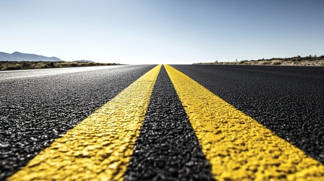 retroreflective. A wide highway with a prominent yellow double solid line extending to the horizon. mobility guides, transit brochures, designed for transport & logistics marketing.
