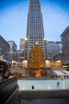 New York City, USA; 28th Dec 2011: The historical New York landmark Rockefeller Center famous for its iconic Art Deco architecture and dazzling Christmas tree in winter and also home to NBC Studios.