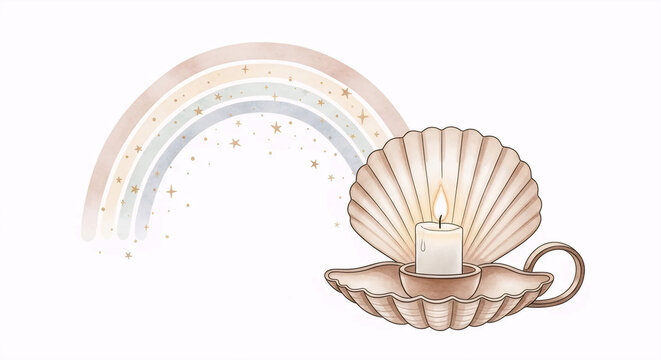 Pastel rainbow with seashell candle watercolor baptism illustration
