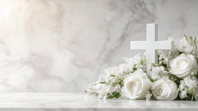 White Cross with White Roses and Lilies &mdash; ideal for sympathy, memorial, Christian faith, and funeral design