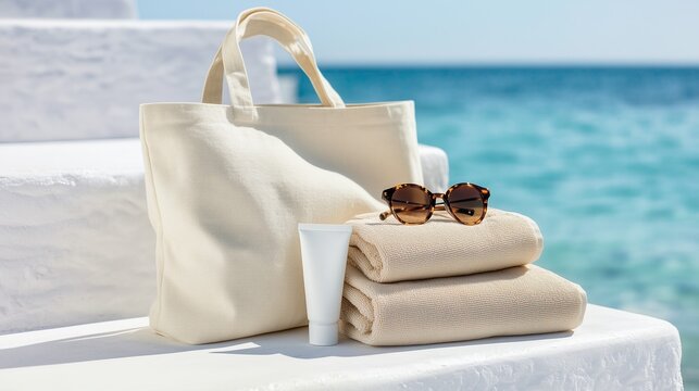 Beach tote bag with towels and sunscreen mockup for summer skincare and resort branding design