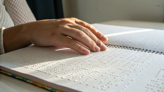 A person reads a Braille book using their fingers, highlighting tactile reading for visually impaired individuals in a well-lit indoor setting.