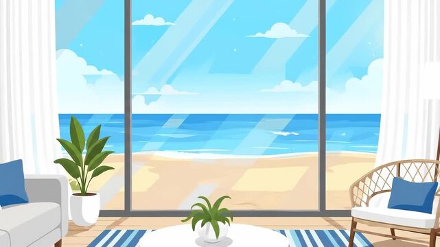 Panning shot of living room interior revealing sunlit sofa and wicker chair as curtains billow toward expansive ocean view through floor to ceiling windows. scene conveys calm daytime seaside living.